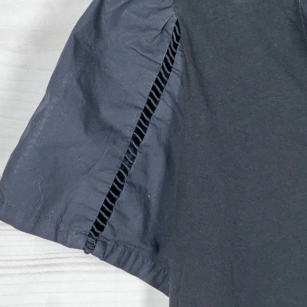 LOFT Mixed Media Puff Sleeve Top Womens Small‎ Black Solid V-Neck Cotton Preppy